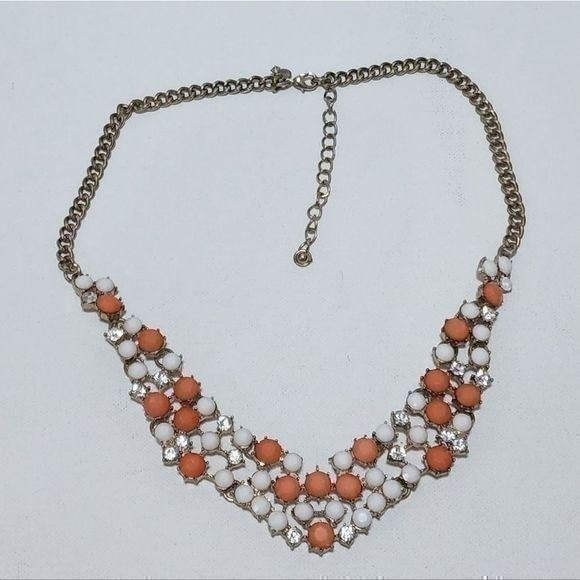 J Crew Coral White Cabochon Rhinestone Statement Bib Necklace Gold Tone 30$